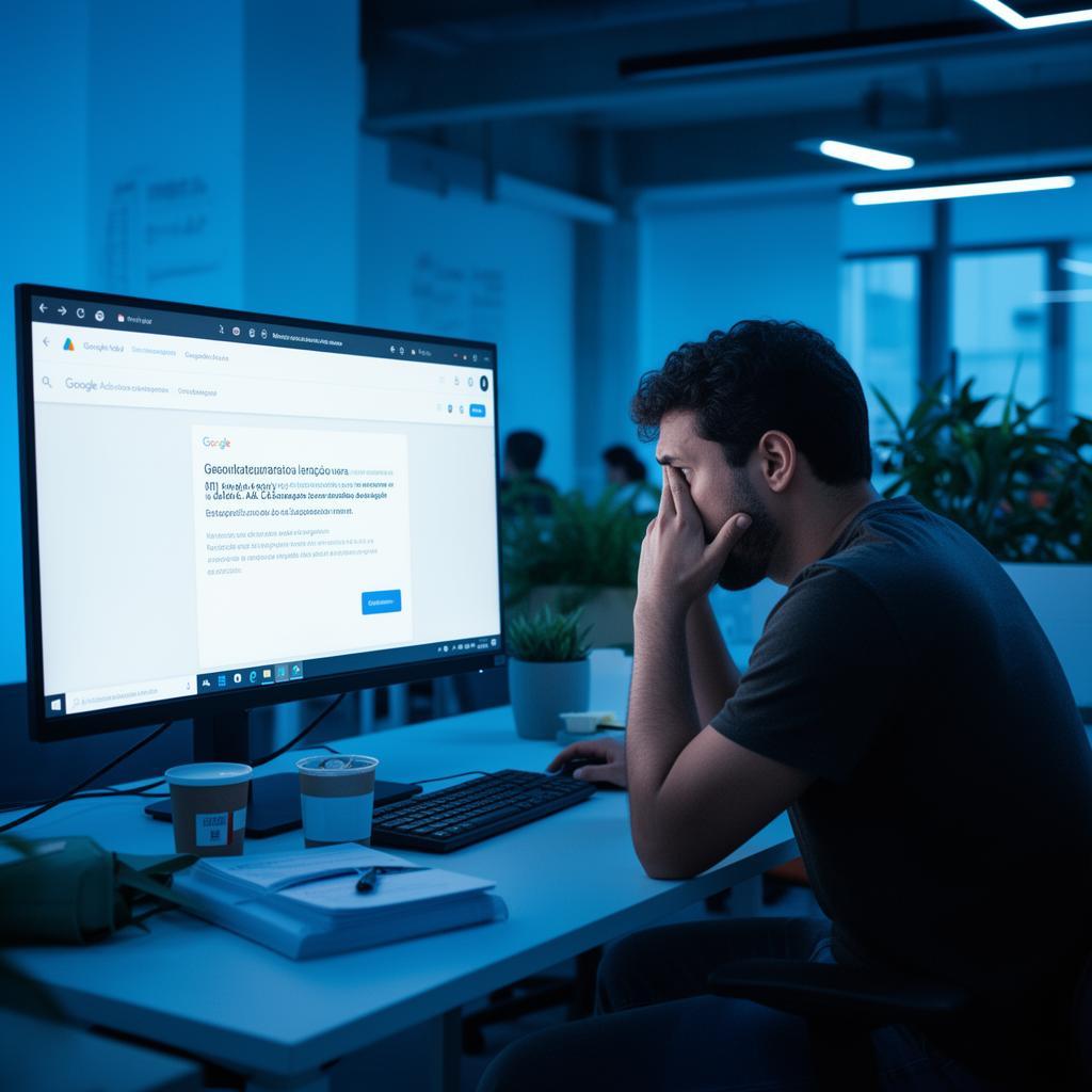 Profissional de marketing digital diante de monitor com notificação de suspensão do Google Ads