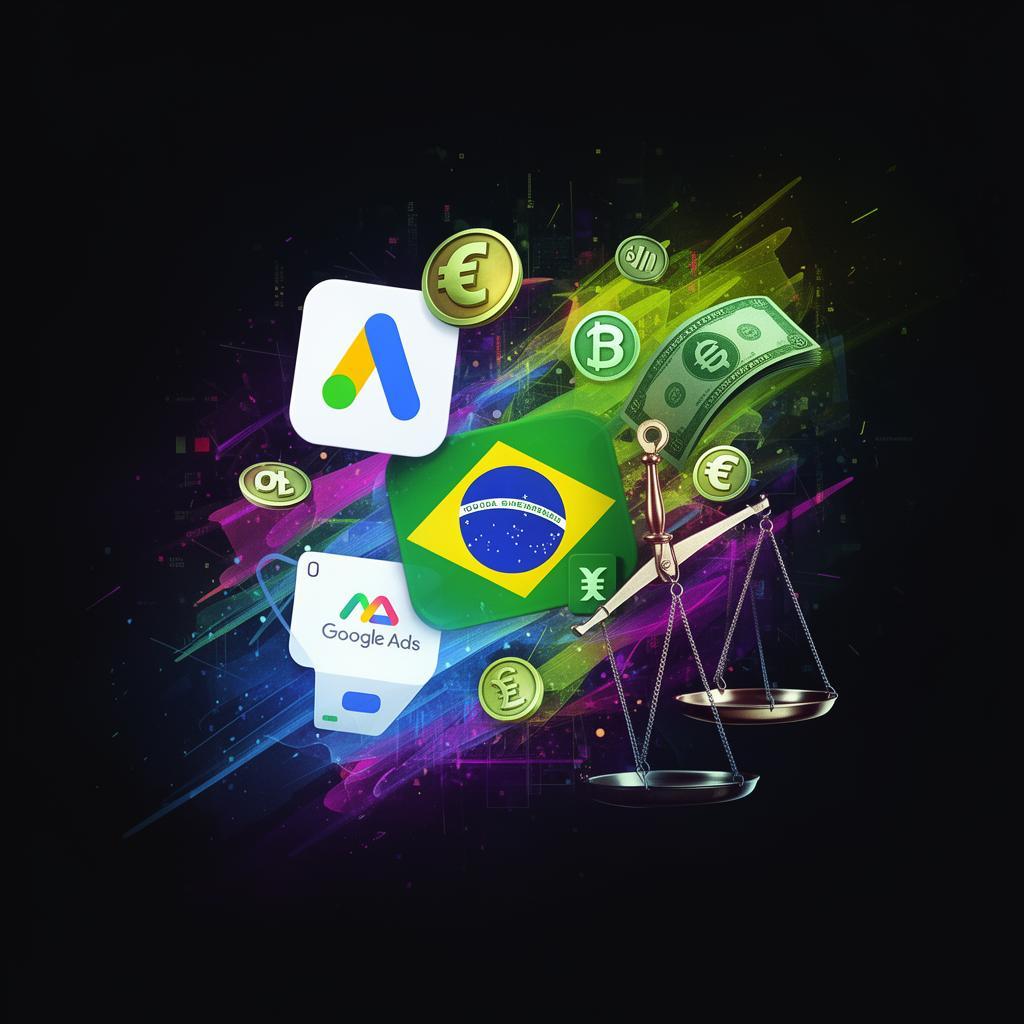 Ilustração abstrata de ecossistema de publicidade digital com símbolos de justiça e moeda brasileira