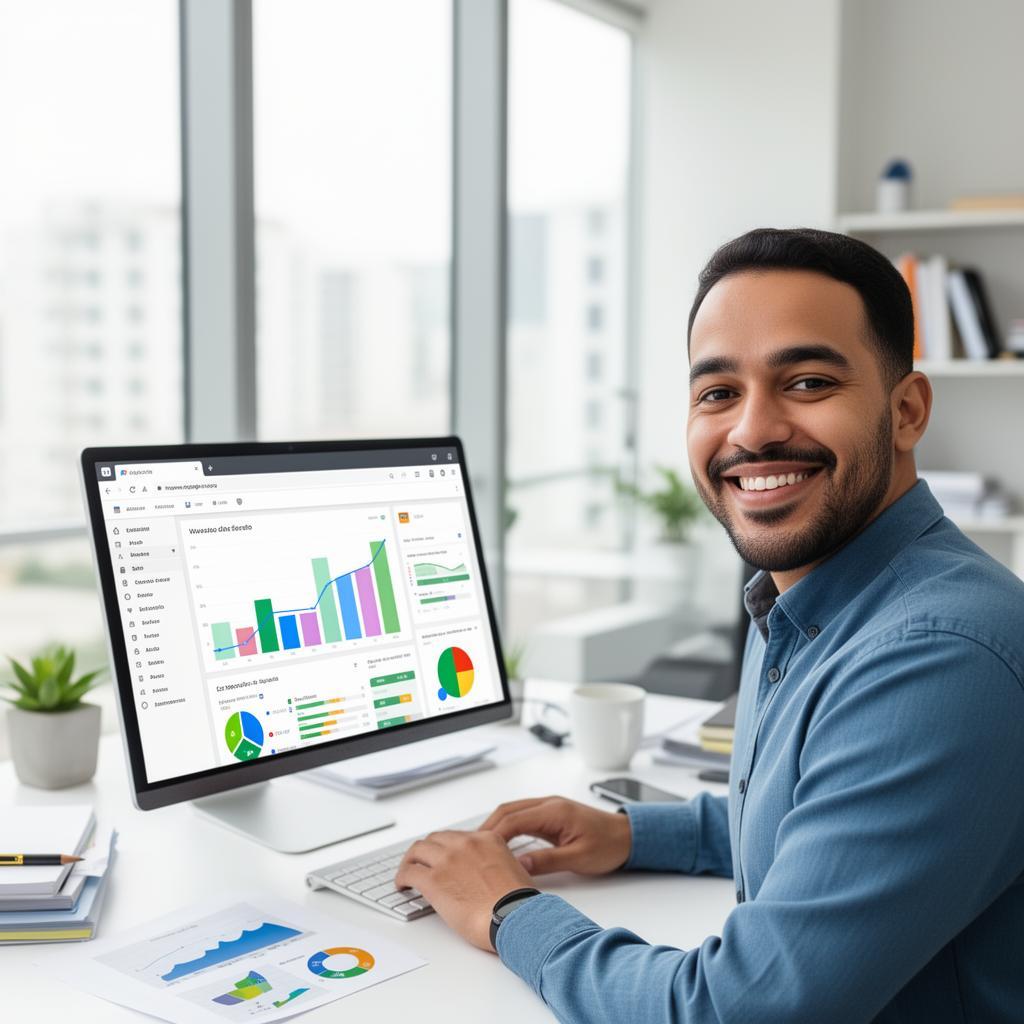 Empresária brasileira confiante apresentando crescimento de vendas em painel de analytics