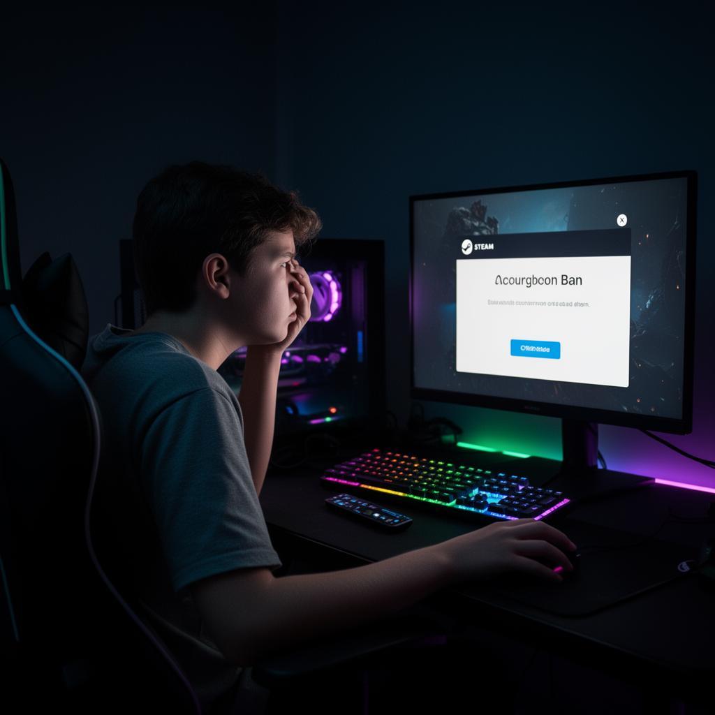 Jovem gamer devastado diante de setup RGB com tela de banimento da Steam