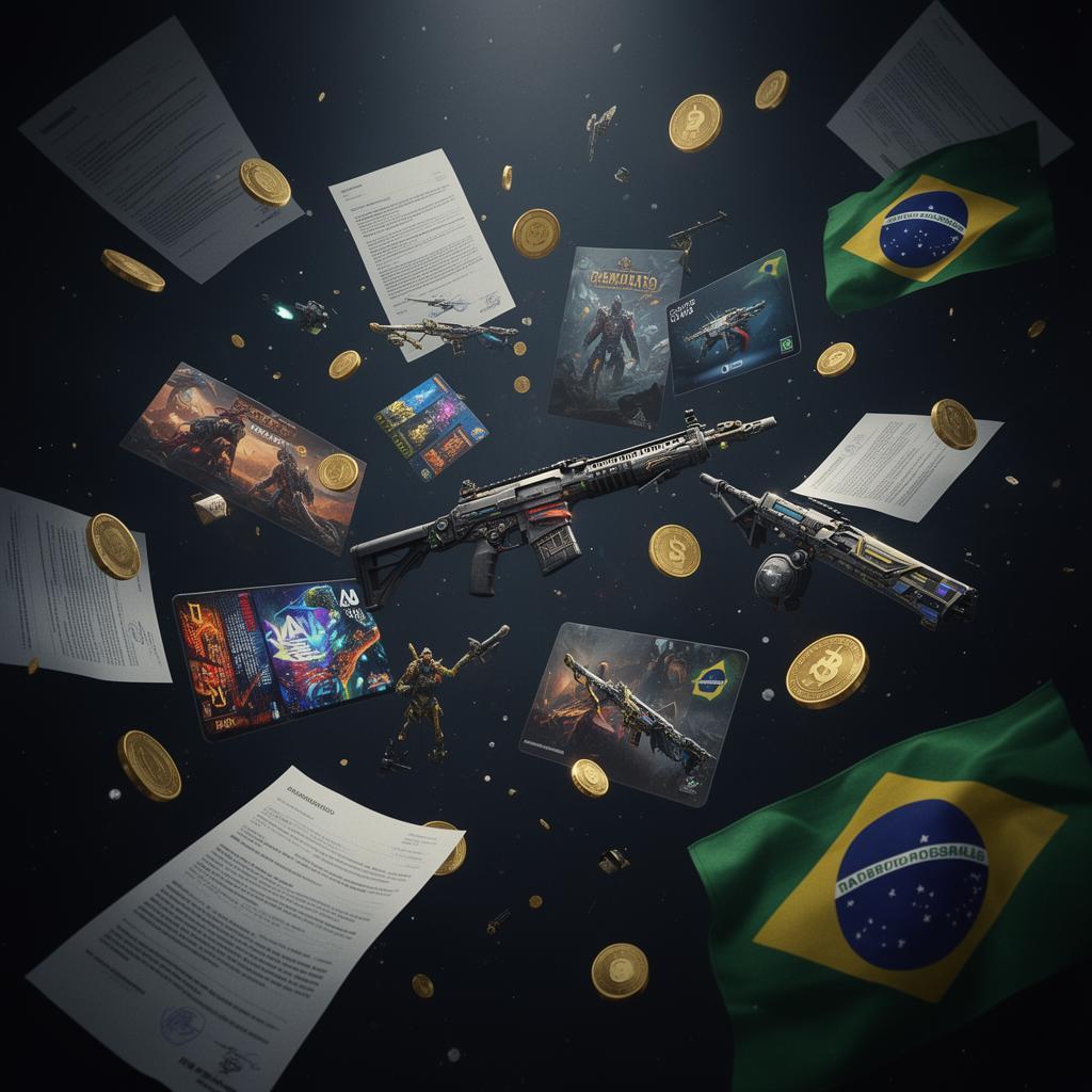 Coleção de itens virtuais, skins e moedas digitais flutuando em espaço escuro com elementos jurídicos brasileiros