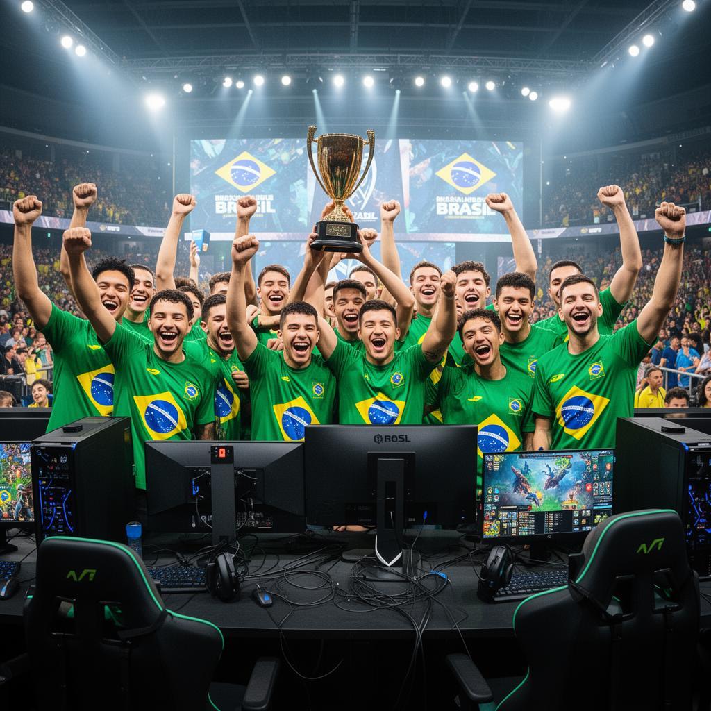 Time brasileiro de esports celebrando vitória em arena com iluminação vibrante