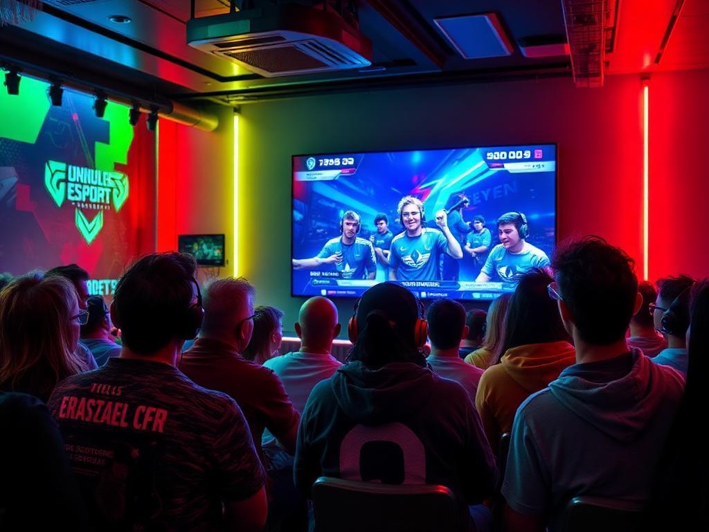 Fãs brasileiros assistindo live de esports em tela grande com iluminação colorida