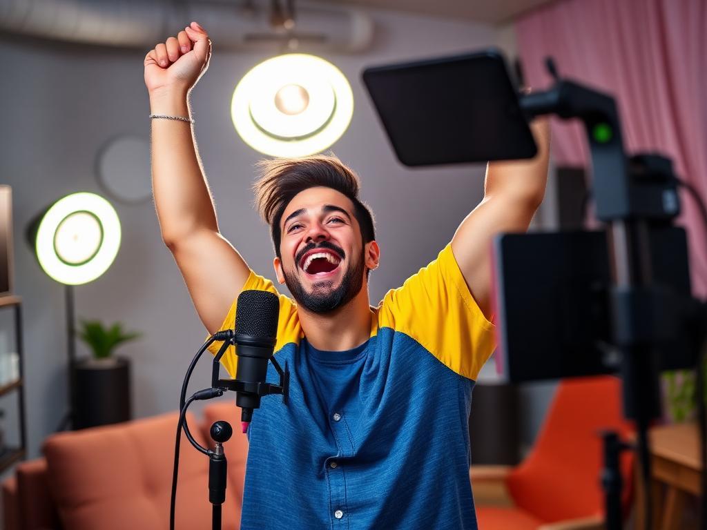 Streamer brasileiro celebrando retorno ao vivo com microfone profissional e ring light
