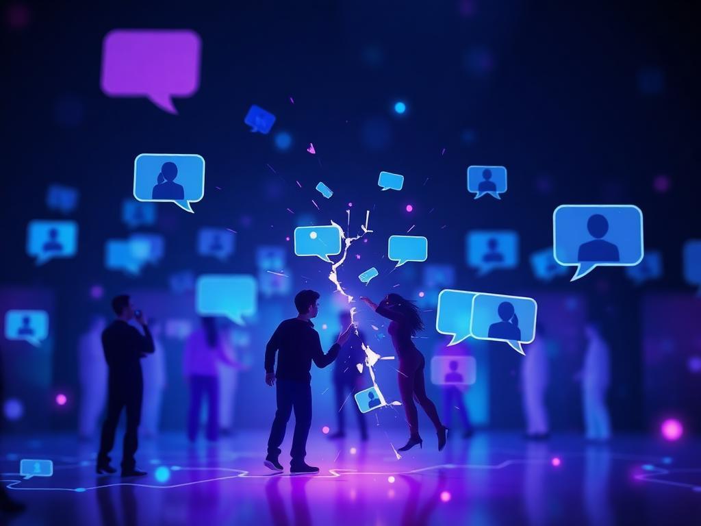 Arte digital abstrata representando conexões de comunidade online sendo destruídas, tons de azul e roxo