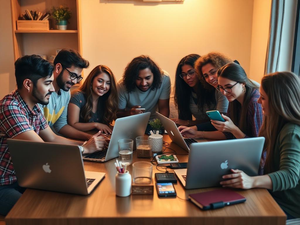 Grupo de amigos brasileiros reunidos em mesa com laptops e celulares reconstruindo comunidade online