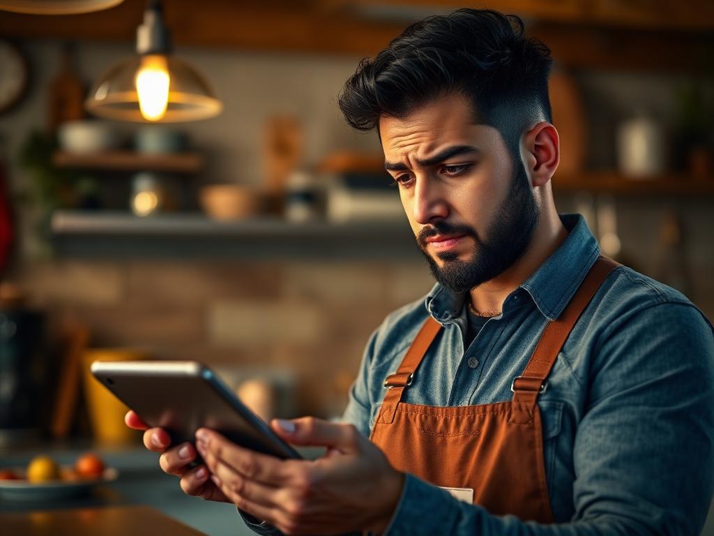 Dono de pequeno restaurante brasileiro preocupado olhando tablet com aviso de suspensão do app de delivery