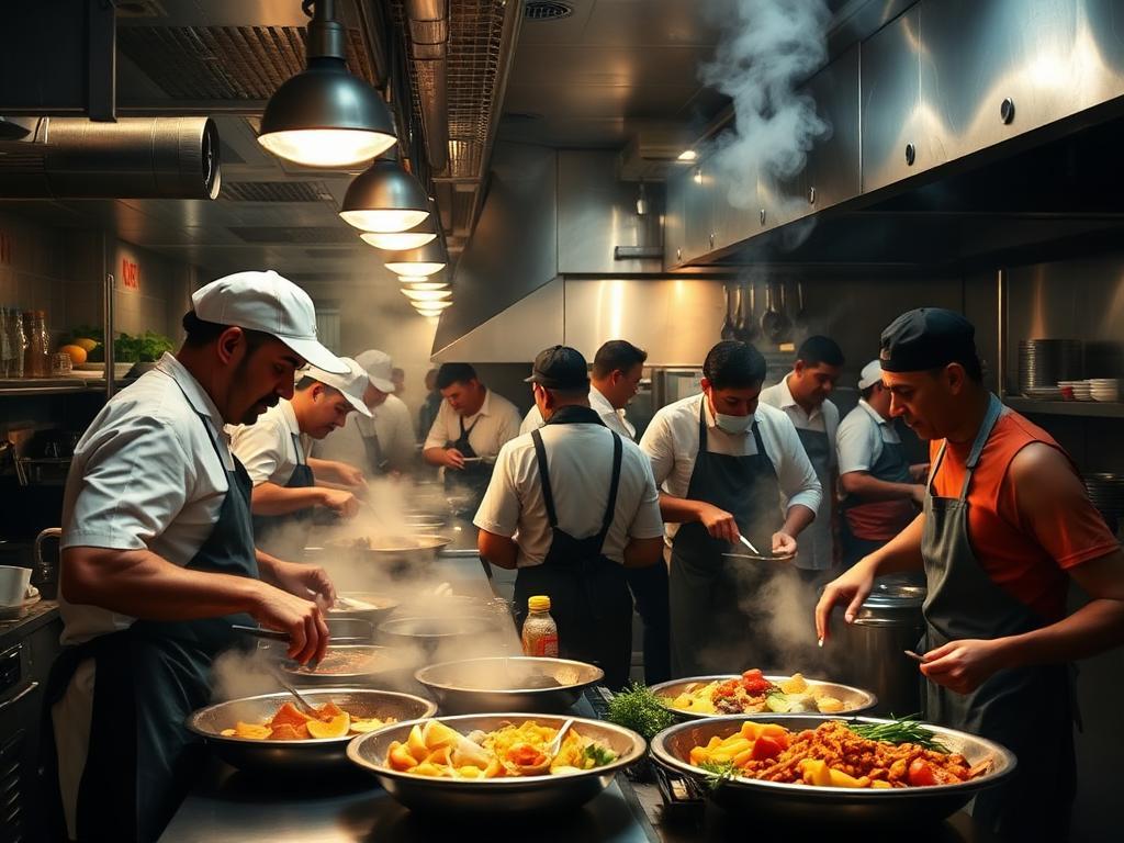 Cozinha de restaurante brasileiro movimentada durante hora de pico com chefs preparando pratos tradicionais