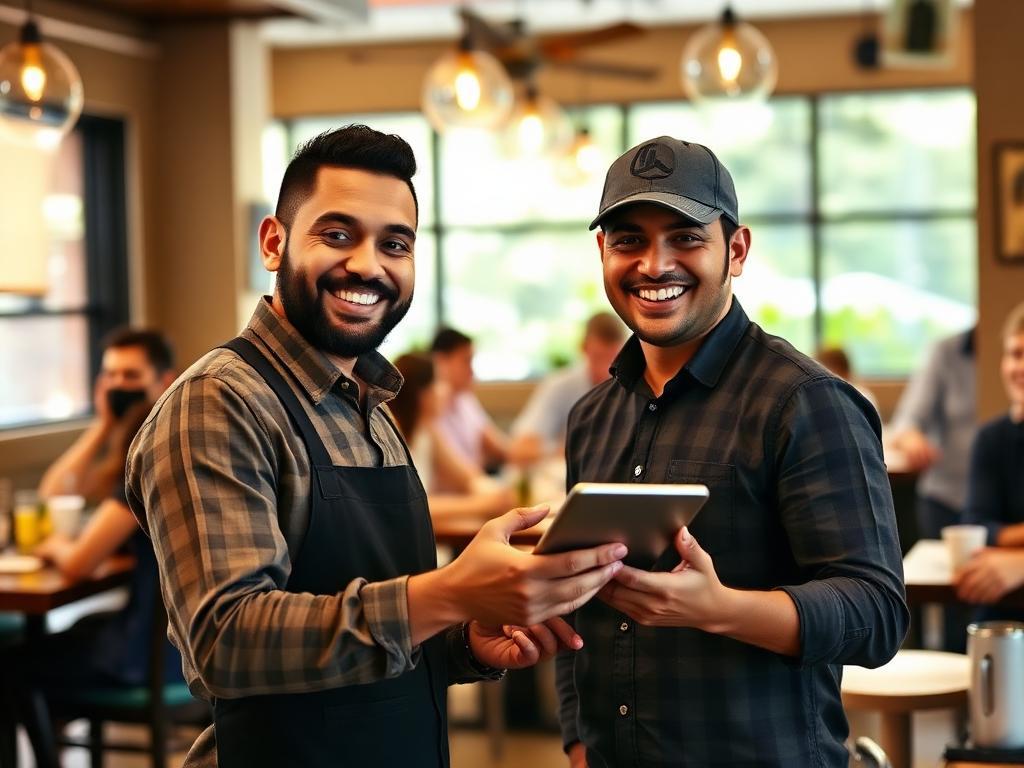 Proprietário de restaurante brasileiro sorrindo ao receber pedidos online em tablet com clientes ao fundo