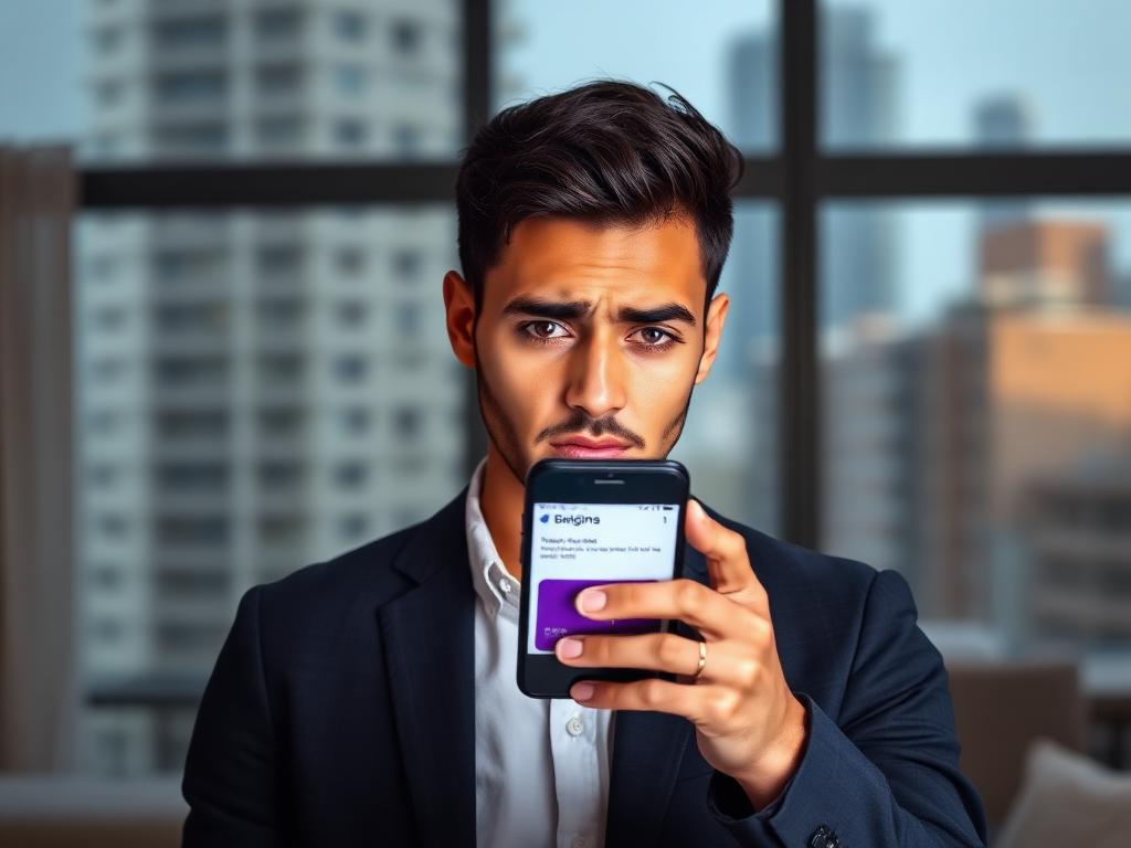 Jovem profissional brasileira preocupada olhando para smartphone com notificação de conta bancária bloqueada