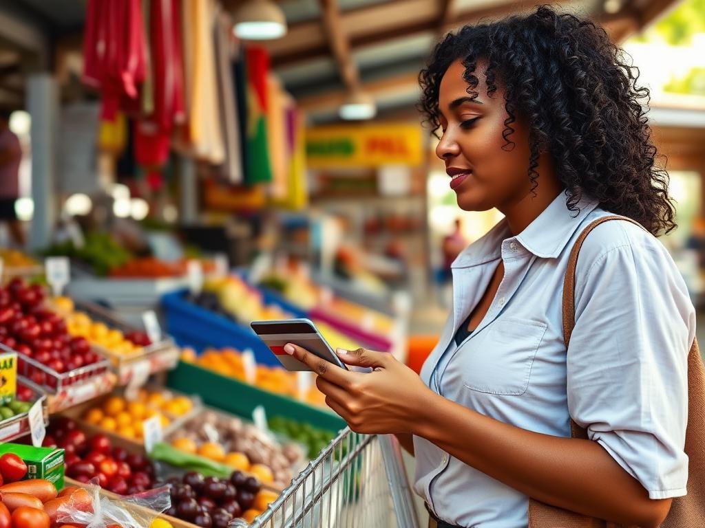Mulher brasileira aliviada usando cartão de banco digital em feira local com luz natural