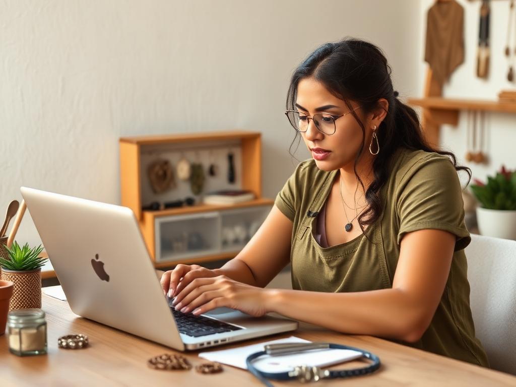 Artesã brasileira devastada em frente a laptop mostrando loja online fechada com bijuterias artesanais sobre mesa