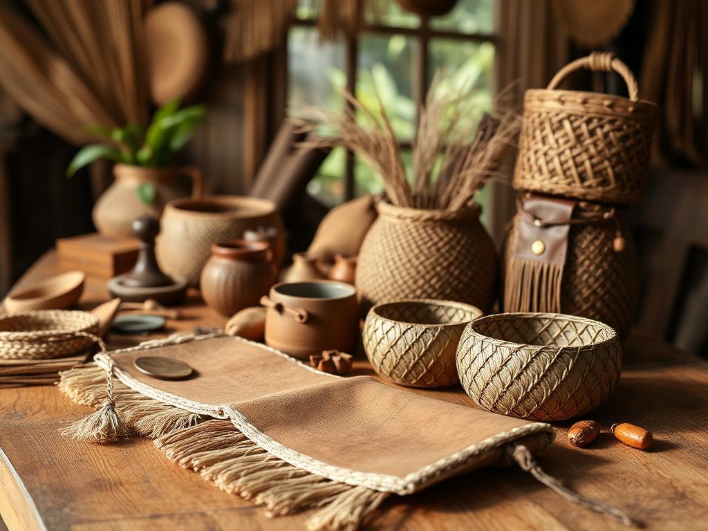 Mesa rústica com bijuterias artesanais brasileiras, peças de couro e fibras naturais em luz natural quente