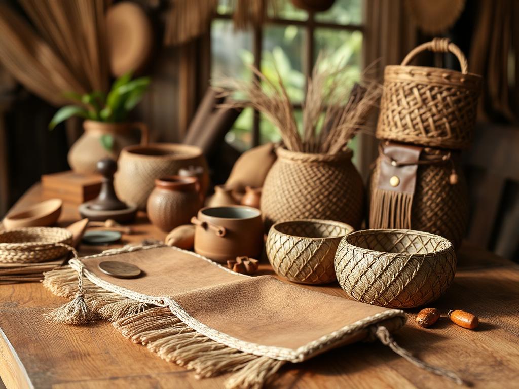 Mesa rústica com bijuterias artesanais brasileiras, peças de couro e fibras naturais em luz natural quente