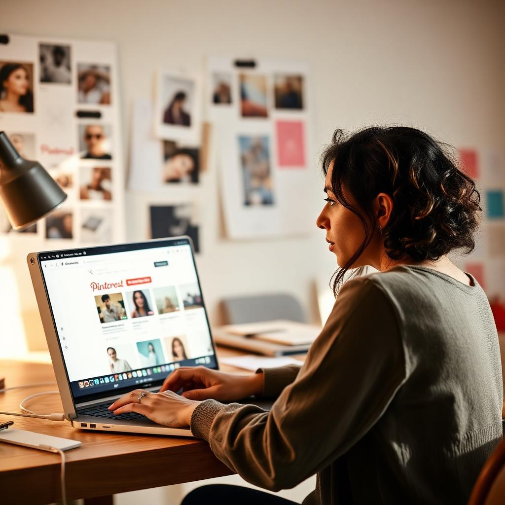Designer brasileira chocada ao ver conta do Pinterest suspensa no laptop em escritório criativo