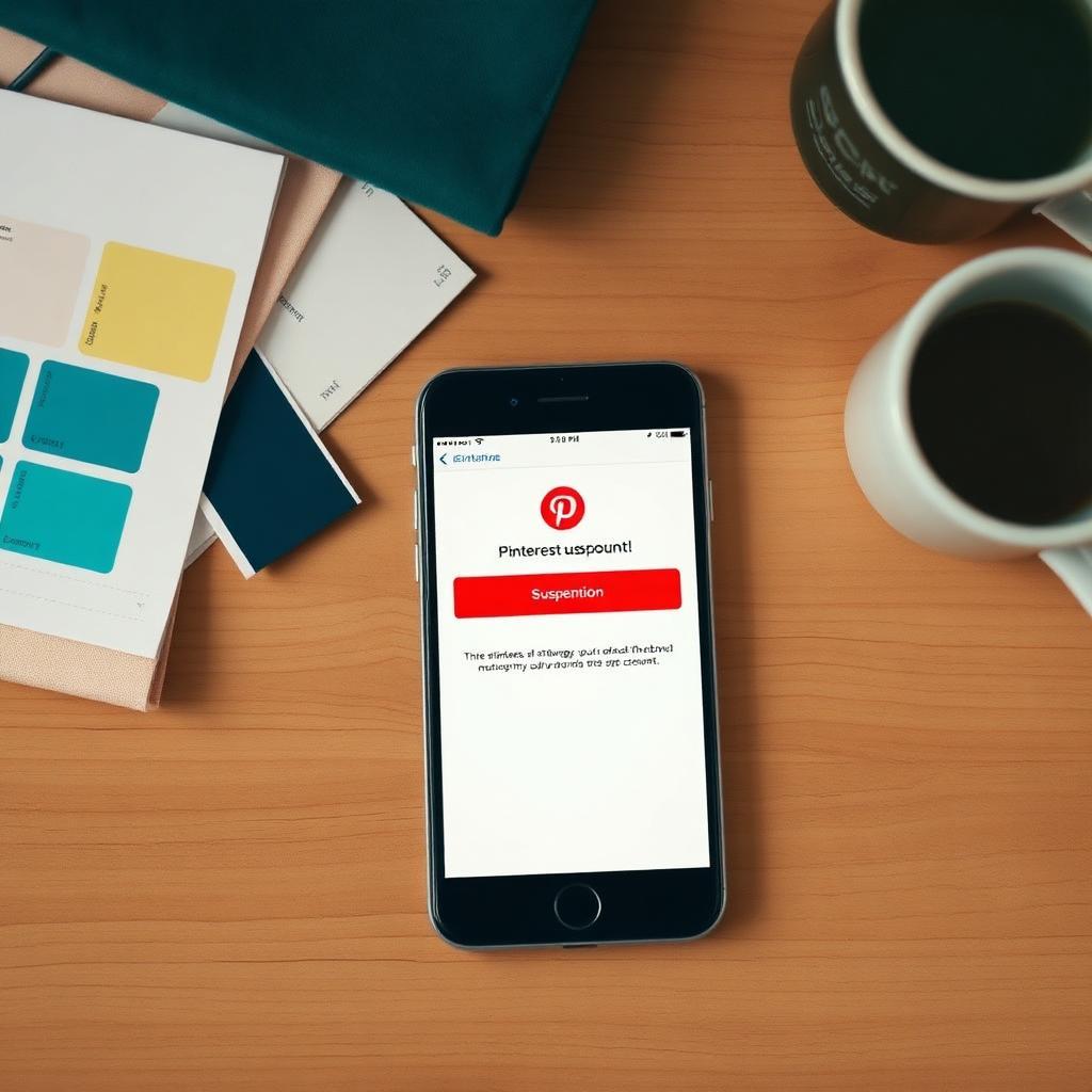 Smartphone sobre mesa de trabalho criativa mostrando notificação de suspensão do Pinterest