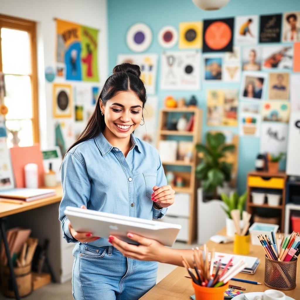 Designer brasileira sorrindo ao recuperar acesso ao Pinterest e organizar boards digitais em tablet