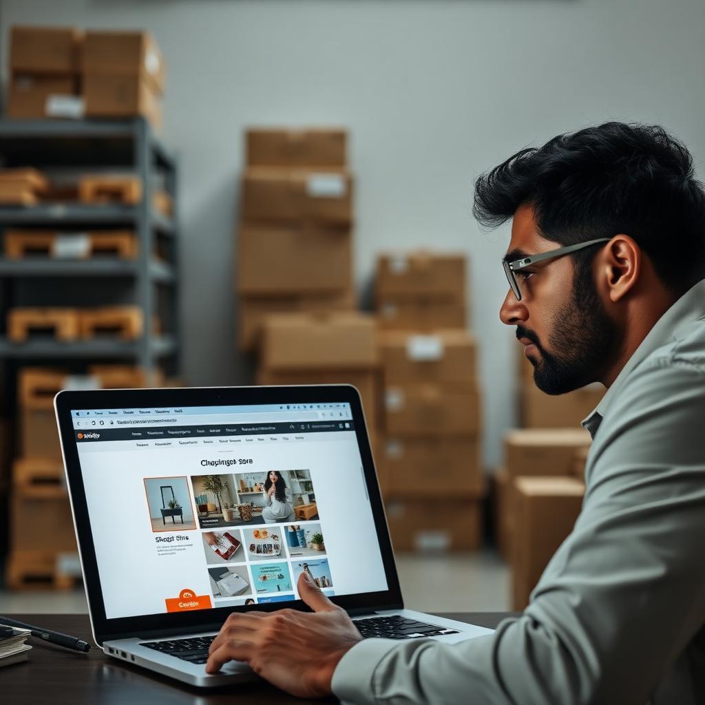 Empreendedor brasileiro desanimado olhando para loja Shopify fechada no laptop com caixas de produtos ao fundo