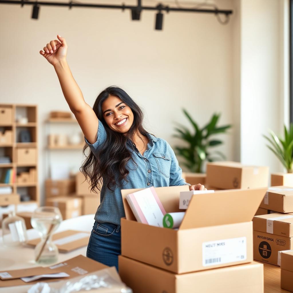 Empreendedora brasileira celebrando reativação da loja Shopify embalando produtos em caixas de envio com sorriso