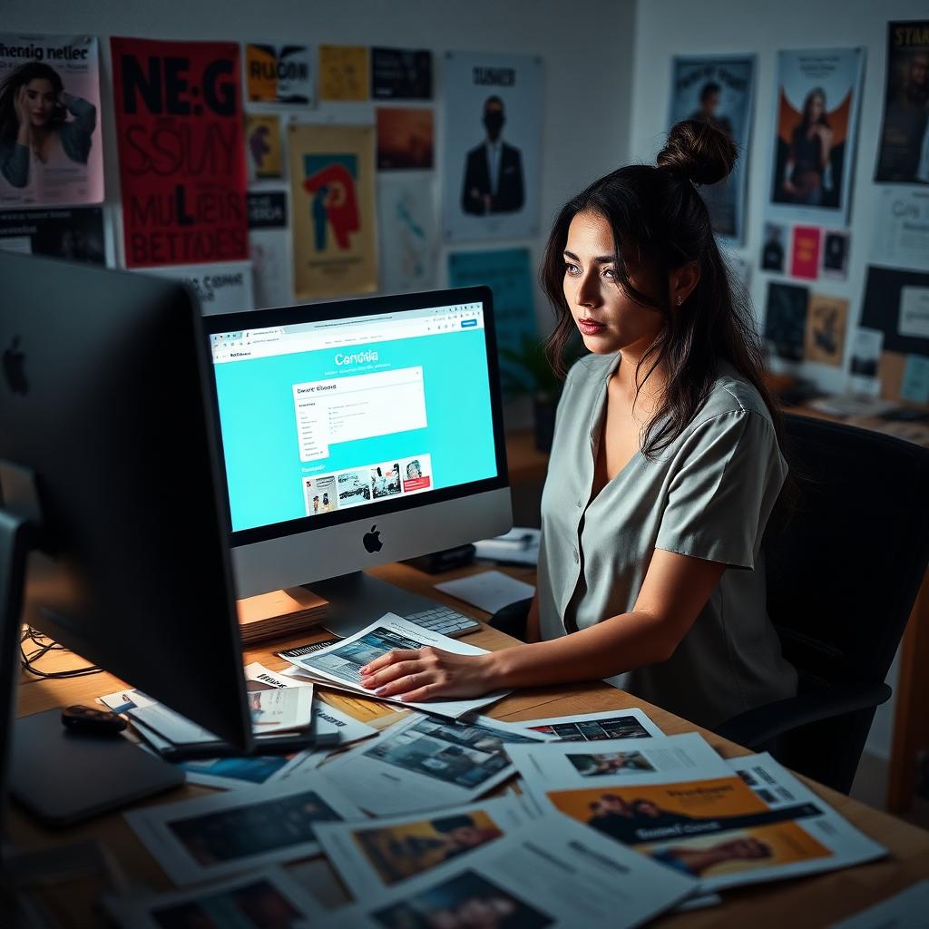 Designer freelancer brasileira preocupada ao ver conta do Canva suspensa no computador com projetos impressos espalhados