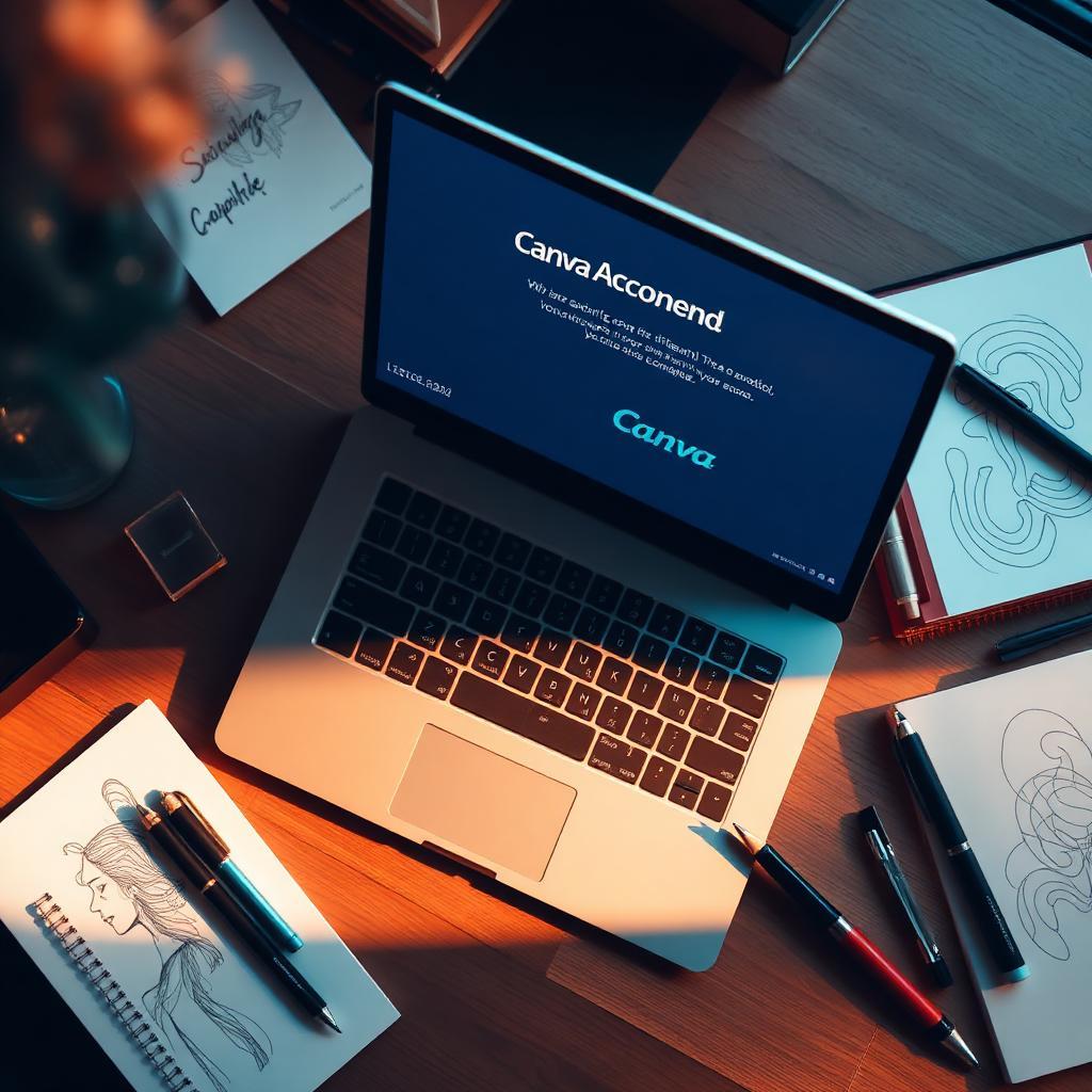 Notebook mostrando mensagem de conta banida no Canva sobre mesa criativa com tablet e materiais de arte