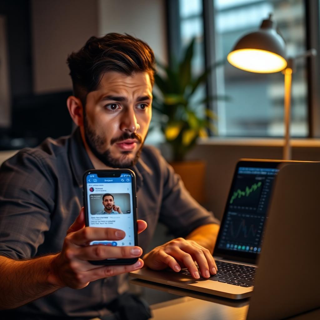 Administrador de comunidade brasileiro chocado ao ver canal do Telegram banido no smartphone em coworking
