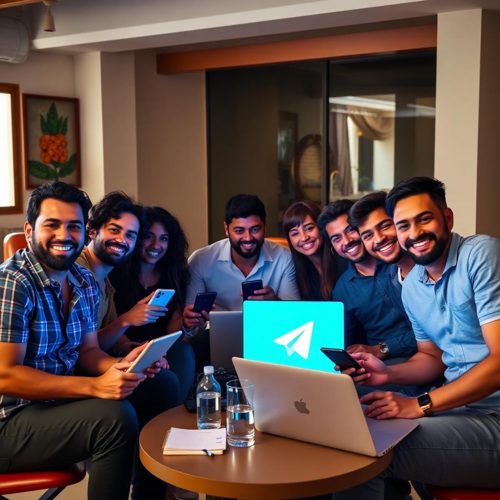 Grupo de amigos e colegas brasileiros celebrando retorno do canal do Telegram em reunião descontraída