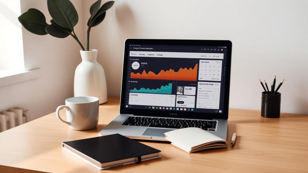 Workspace com laptop mostrando dashboard de analytics