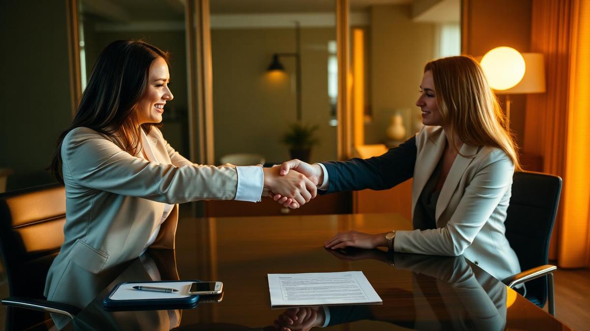 Aperto de mãos profissional sobre mesa com contrato