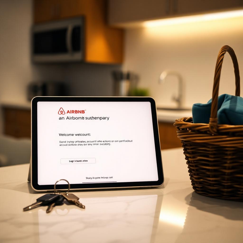 Tablet sobre balcão de cozinha moderna mostrando mensagem de suspensão da conta do Airbnb com chaves de apartamento