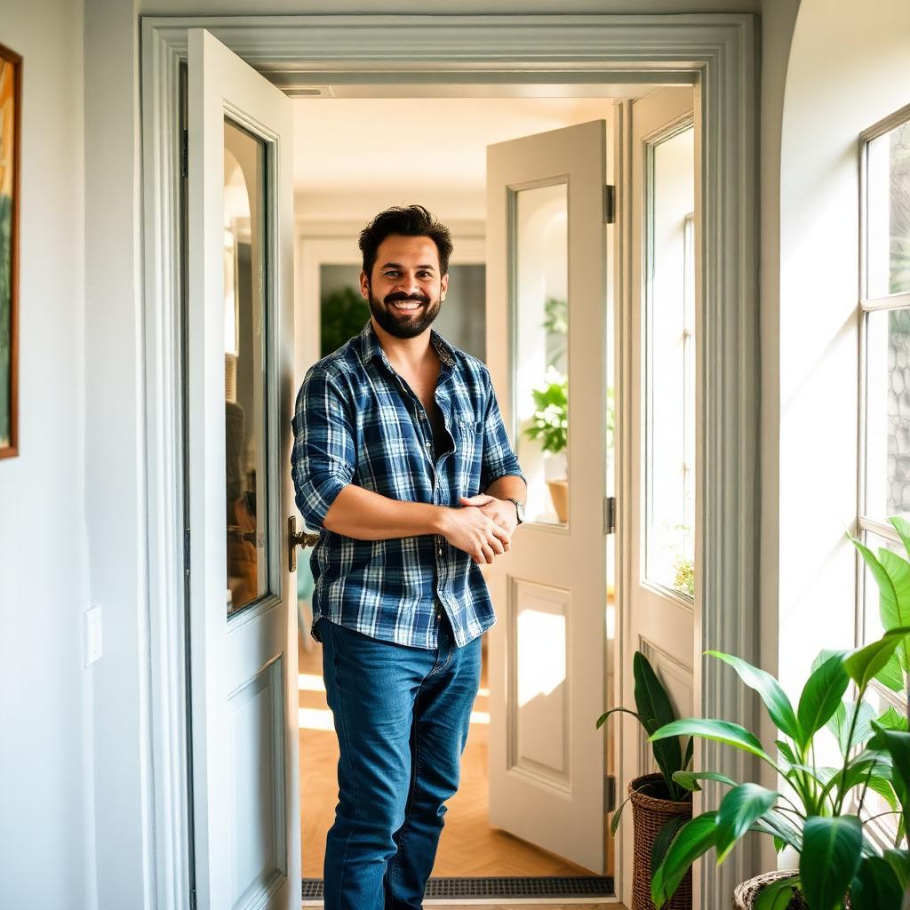 Anfitrião brasileiro sorrindo recebendo hóspedes internacionais na porta de apartamento acolhedor