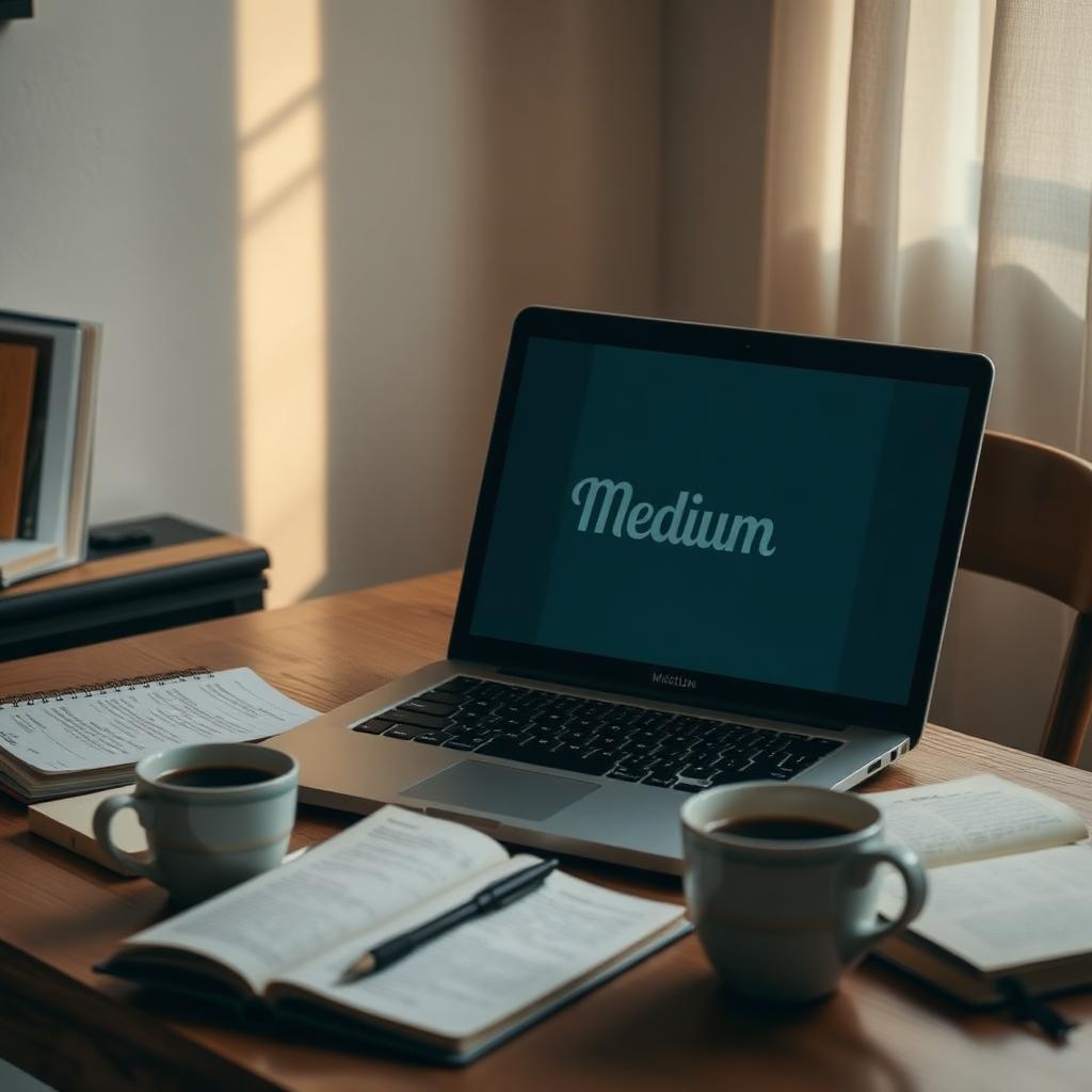 Escritor brasileiro preocupado ao ver conta do Medium suspensa no laptop, cercado por cadernos e xícara de café