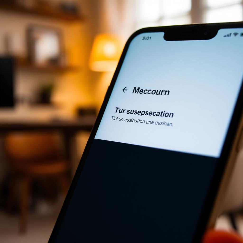 Close-up de smartphone mostrando e-mail de suspensão da conta do Medium em português, fundo de escritório em casa