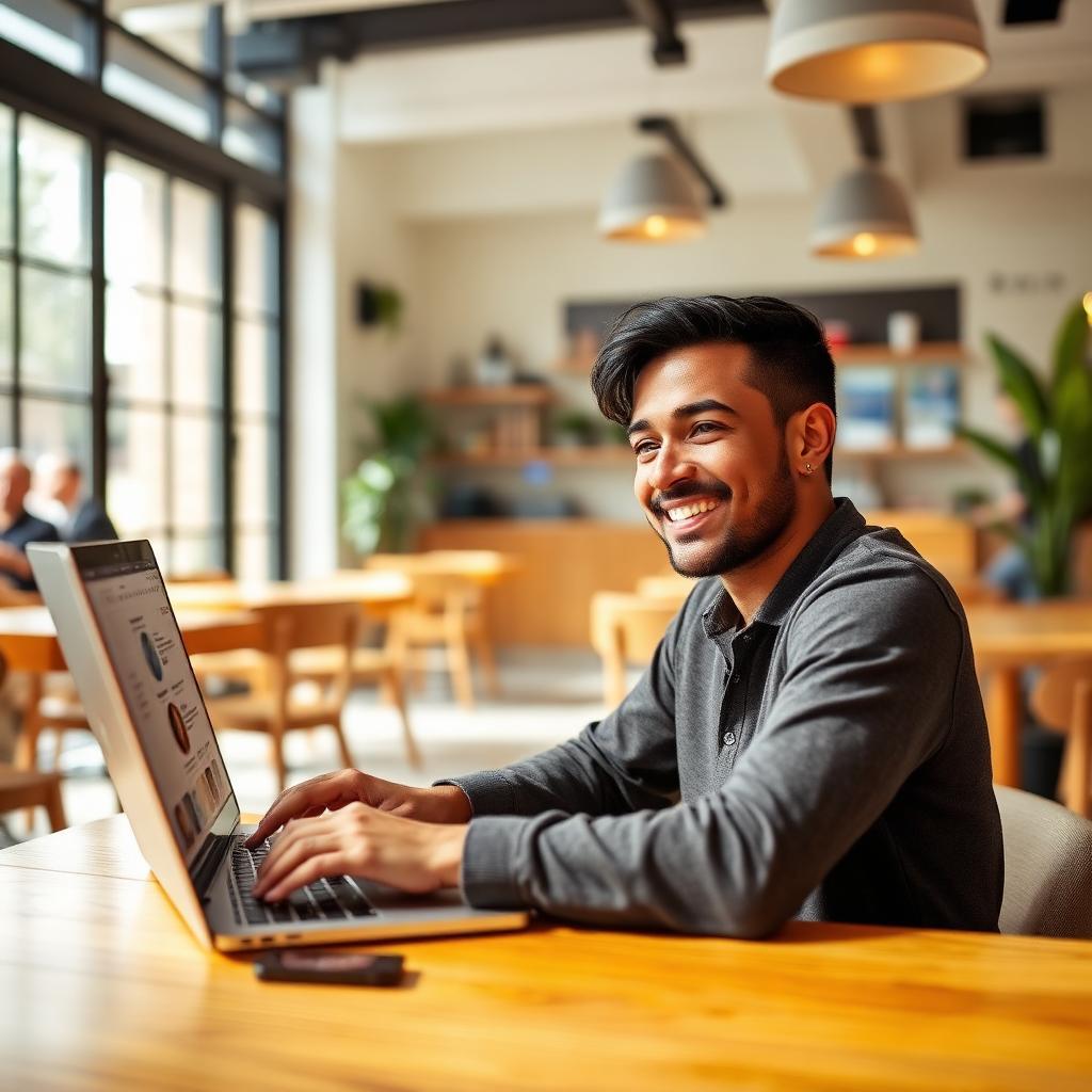 Escritor brasileiro sorrindo enquanto digita no laptop em uma cafeteria iluminada, conta do Medium restaurada visível na tela