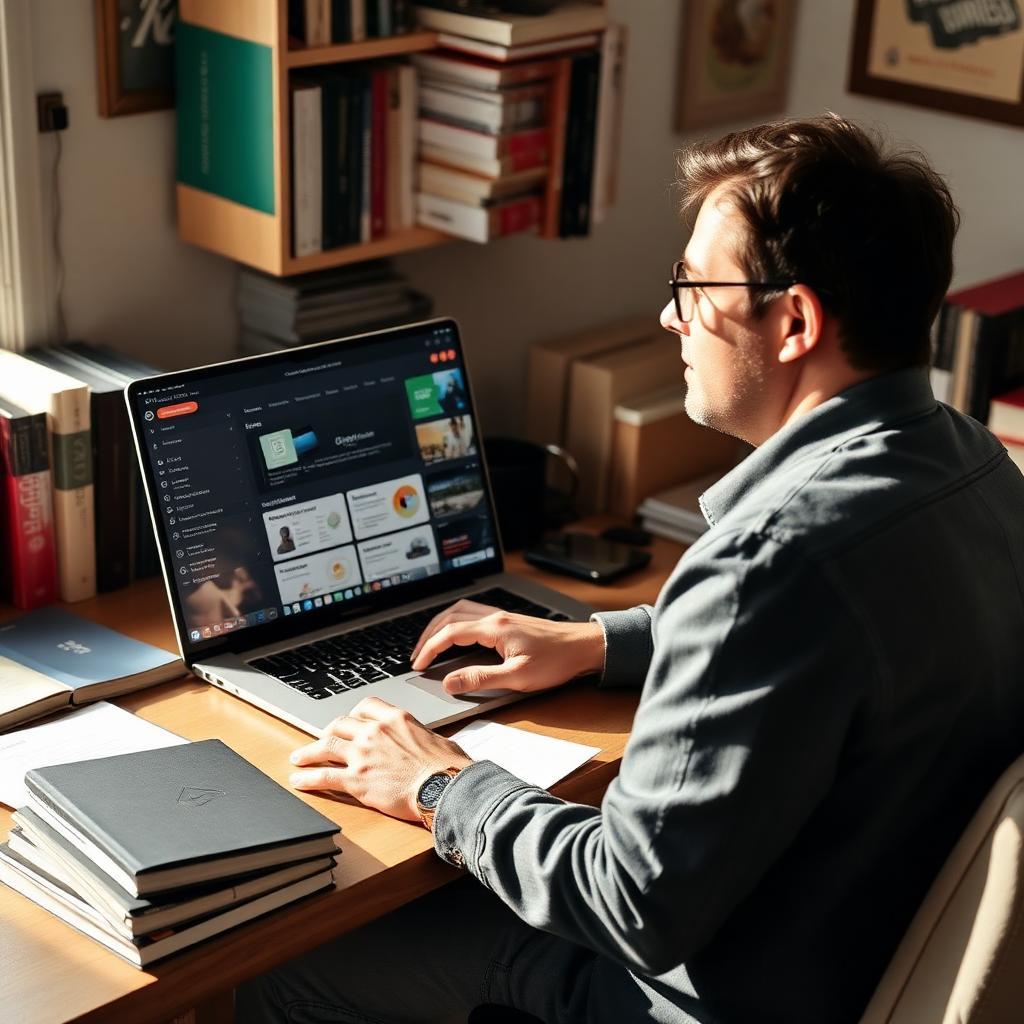 Jornalista brasileira em mesa de home office com laptop mostrando dashboard da newsletter no Substack, livros e anotações ao redor