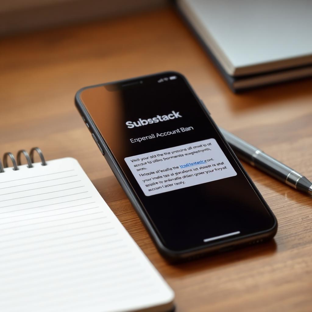 Smartphone sobre mesa de madeira mostrando e-mail de banimento da conta do Substack, ao lado de caderno e caneta