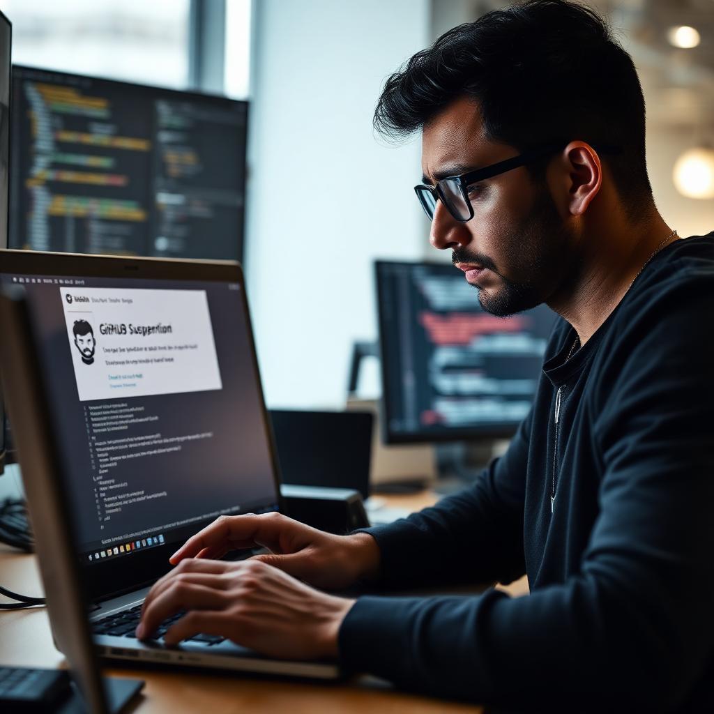 Desenvolvedor brasileiro preocupado olhando para laptop com notificação de suspensão da conta do GitHub, editor de código visível ao fundo