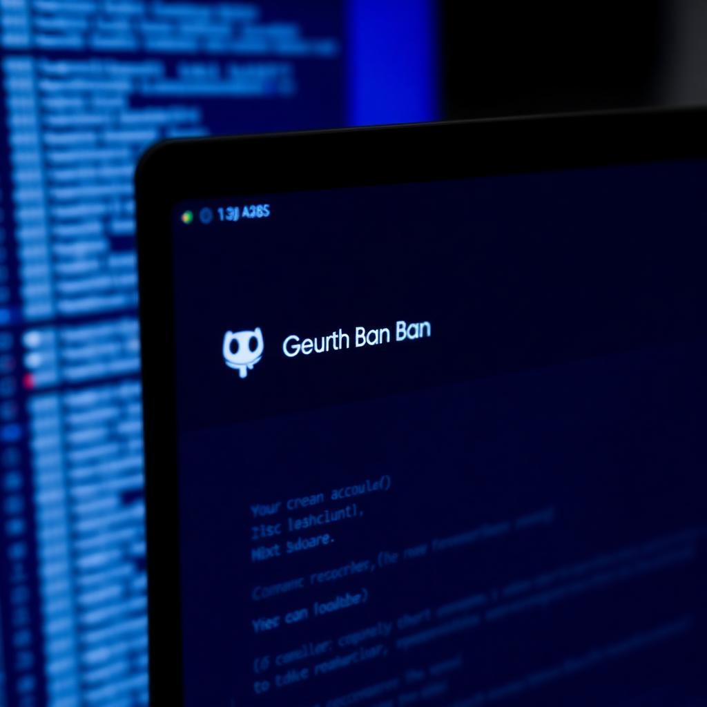 Close-up de tela de computador mostrando notificação de banimento de conta do GitHub, lista de repositórios desfocada ao fundo