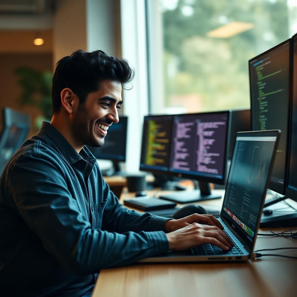 Desenvolvedor brasileiro sorrindo e digitando código em laptop com dashboard do GitHub restaurado, múltiplos monitores em escritório moderno