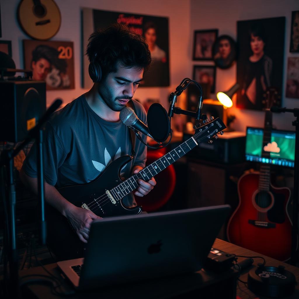 Músico brasileiro devastado em home studio com guitarra e microfone, olhando para laptop com suspensão da conta do SoundCloud