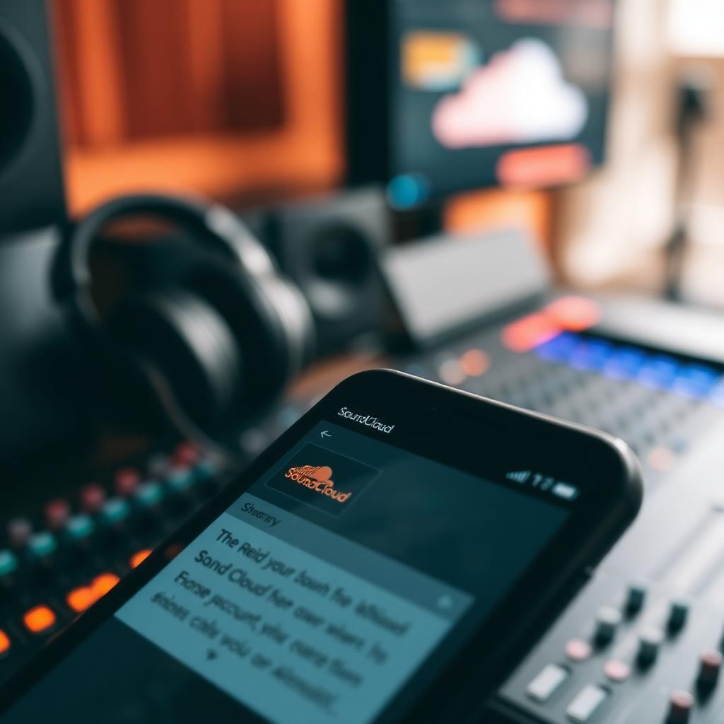 Smartphone mostrando e-mail de suspensão da conta do SoundCloud, fundo desfocado de home studio com fones de ouvido e mesa de mixagem