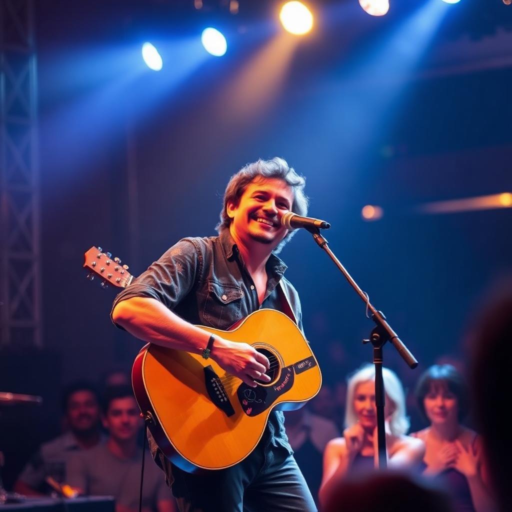 Músico brasileiro tocando violão em pequeno palco, sorrindo, com público ao fundo, iluminação quente de show
