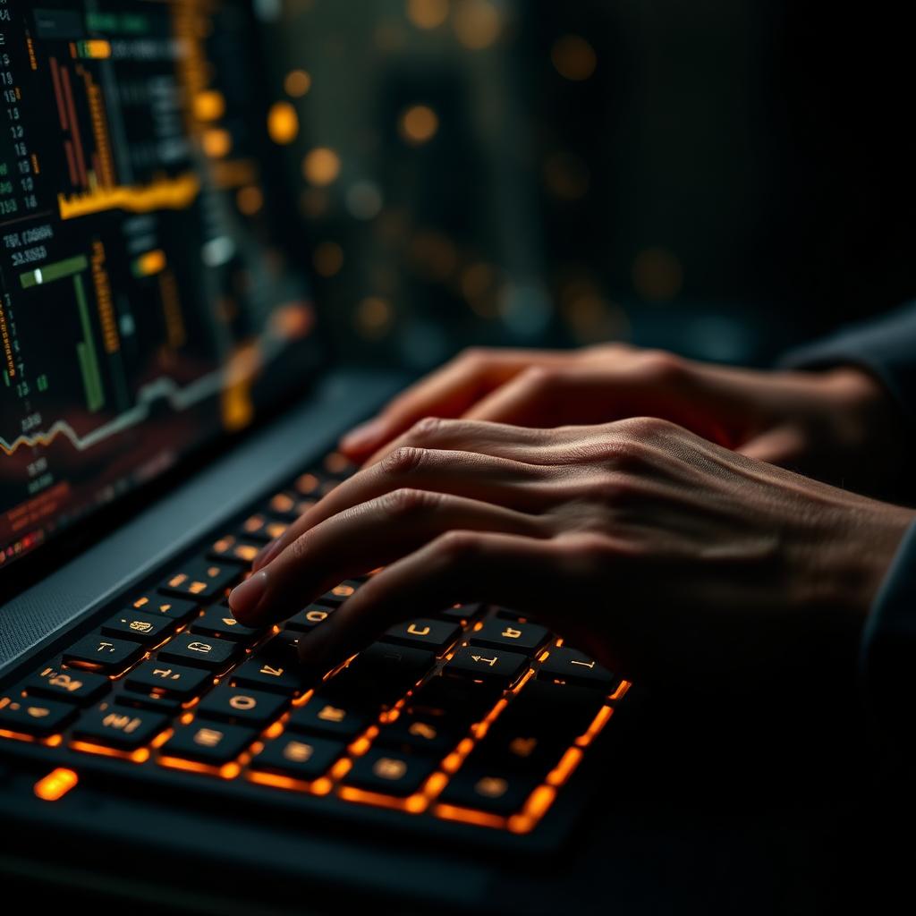 Mãos digitando em teclado iluminado com dados fluindo