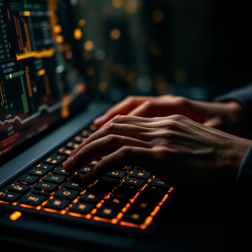 Mãos digitando em teclado iluminado com dados fluindo