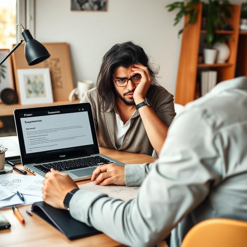 Designer freelancer brasileira preocupada em mesa de trabalho criativo com tablet e esboços, laptop mostrando suspensão da conta do Fiverr