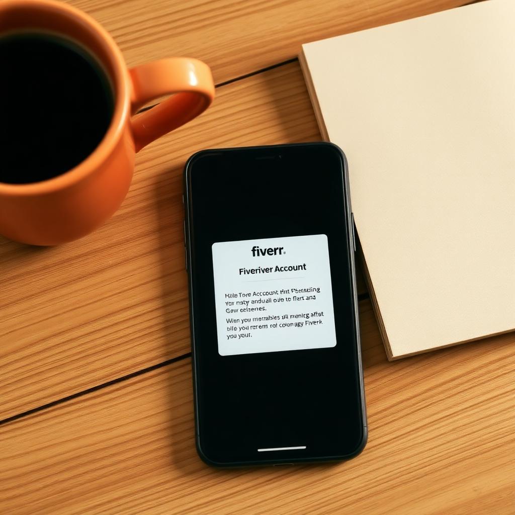 Smartphone sobre mesa de madeira mostrando e-mail de suspensão da conta do Fiverr, ao lado de xícara de café e caderno de anotações
