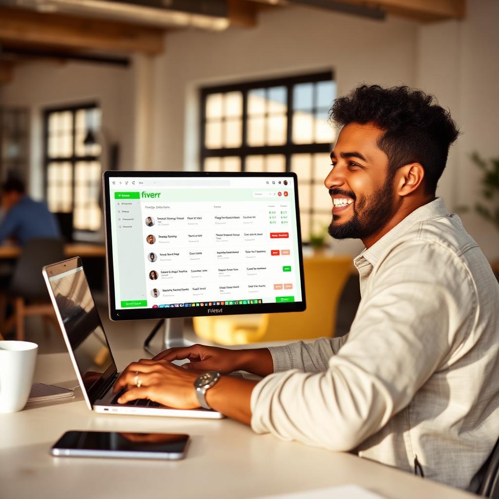 Designer freelancer brasileira sorrindo enquanto trabalha em laptop em espaço de coworking iluminado, dashboard do Fiverr com pedidos ativos na tela