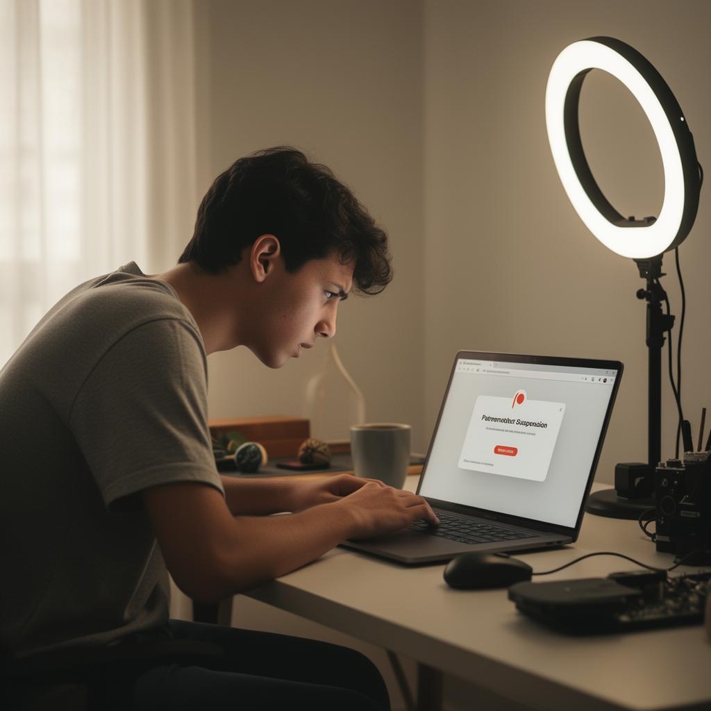 Criador de conteúdo brasileiro devastado em home studio com microfone e laptop mostrando suspensão da conta do Patreon