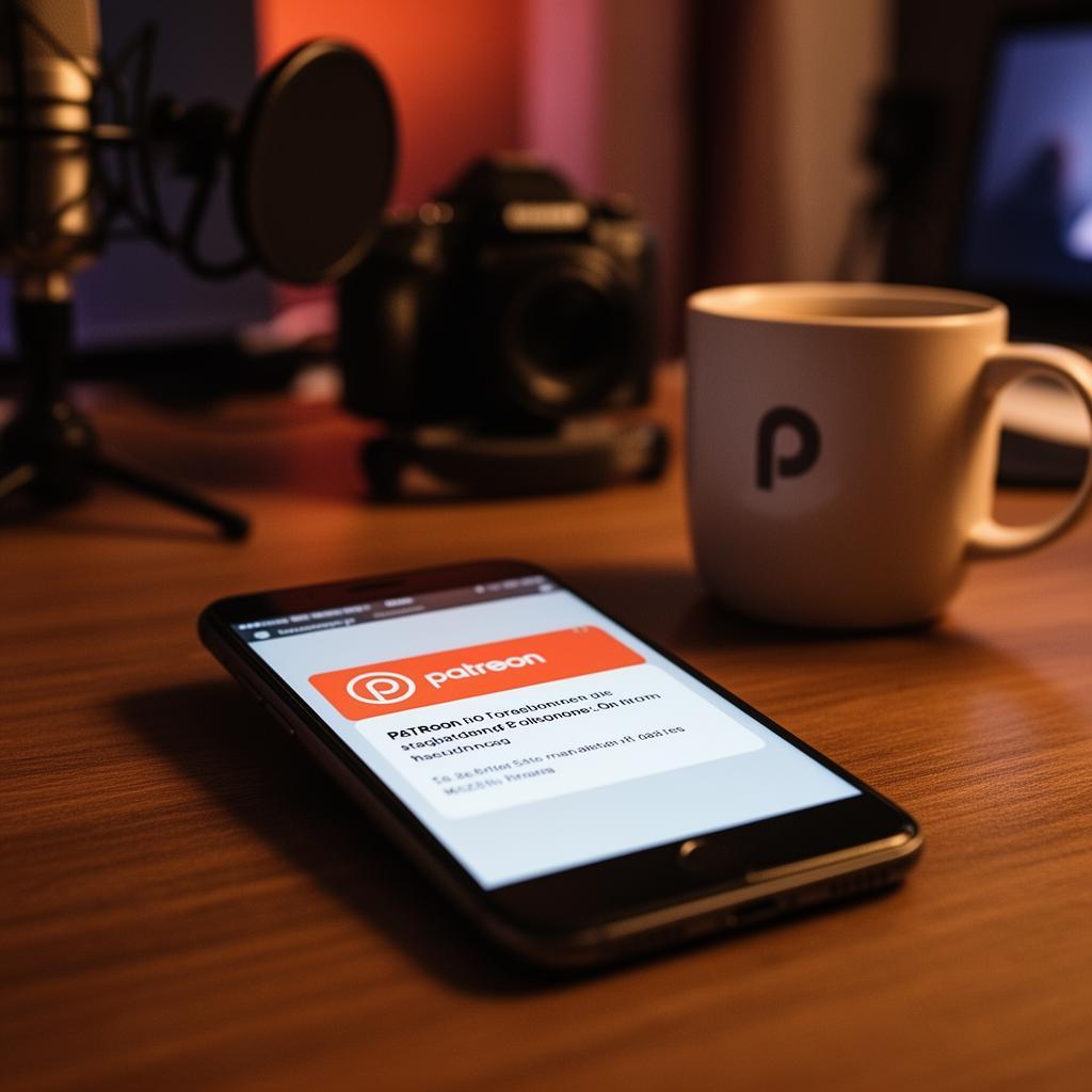 Smartphone sobre mesa de home studio mostrando e-mail de suspensão da conta do Patreon, com microfone e fones de ouvido ao fundo