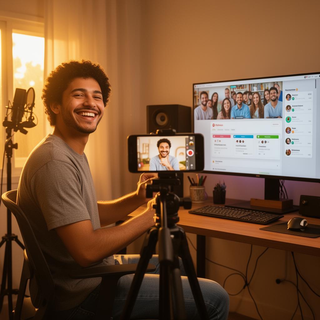 Criador de conteúdo brasileiro sorrindo enquanto grava podcast em home studio profissional, com apoiadores interagindo em tela ao fundo